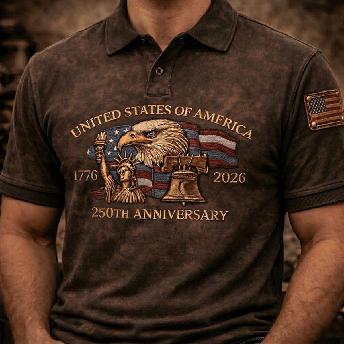 United States Of America 250th Anniversary Printed Polo Shirt 1776 2026 Patriotic Eagle Vintage Style Gift For Dad Father’s Day