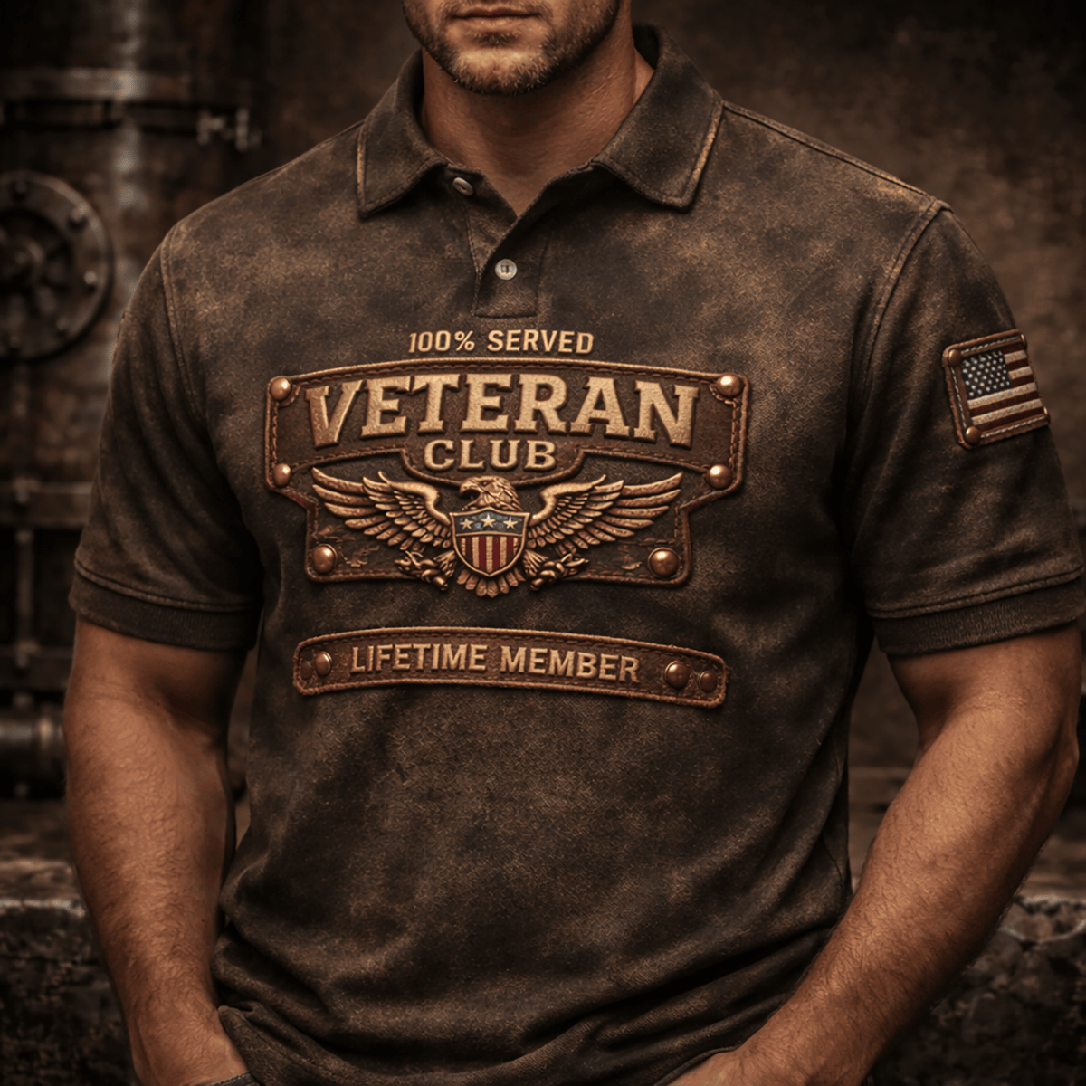 Vintage Veteran Club Eagle Badge Lifetime Member Printed Polo Shirt Patriotic Design For Men Fathers Day Gift For Dad