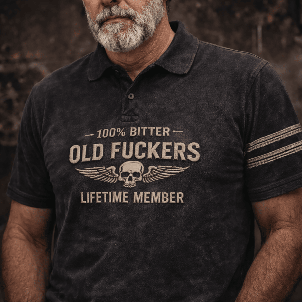 Bitter Old Fckers Skull Wings Lifetime Member Printed Polo Shirt Fathers Day Gift For Dad Vintage Biker Style