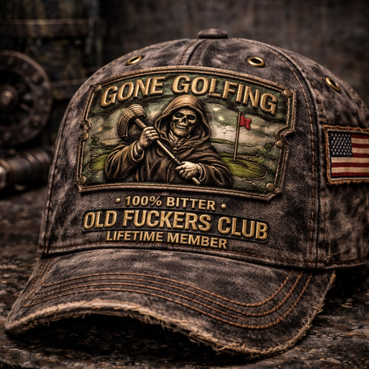 Gone Golfing Grim Reaper Golf Printed Hat Funny Gift For Father's Day Cap Old Fckers Club USA Flag