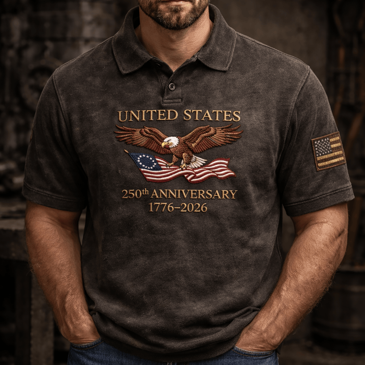 United States Eagle American Flag 250th Anniversary 1776–2026 Polo Shirt Printed Patriotic Graphic for Father’s Day 2026