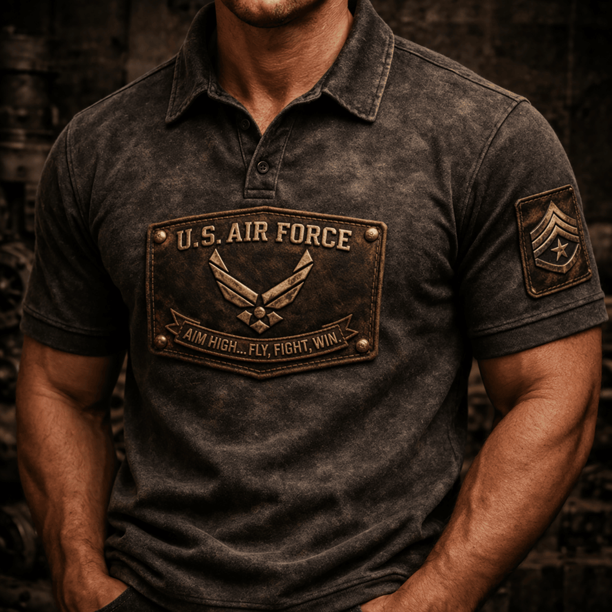 Custom Rank U.S. Air Force Aim High Fly Fight Win Polo Shirt Printed Military Patch Est 1947 Design for Father’s Day 2026