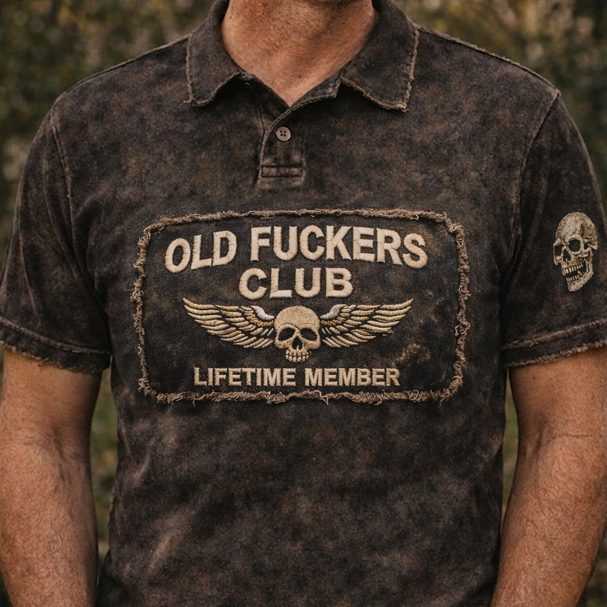Old Fuckers Club Skull Printed Polo Shirt Distressed Vintage Style Gift for Father Day Funny Dad Shirt Skull Graphic Polo