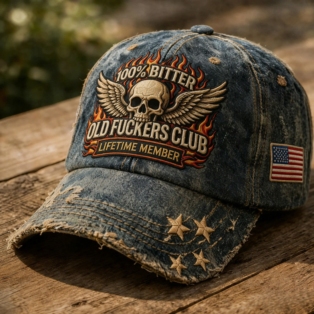 Old Fuckers Club Skull Flame Printed Hat USA Flag Distressed Vintage Style Gift for Father Day Funny Dad Cap Skull Graphic USA Hat