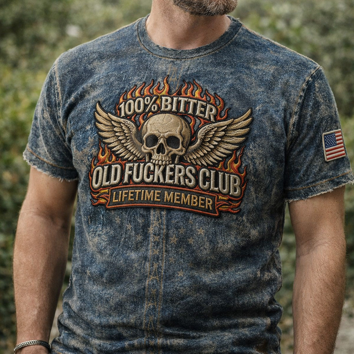 Old Fuckers Club Skull Flame Printed T Shirt USA Flag Distressed Vintage Style Gift for Father Day Funny Dad Shirt Skull Graphic Tee