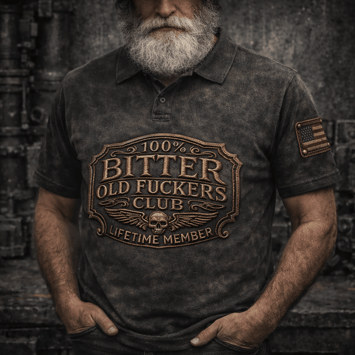 Bitter Old Fuckers Club Printed Polo Shirt Vintage Skull Badge Design Funny Gift for Father Day USA Flag Design Polo