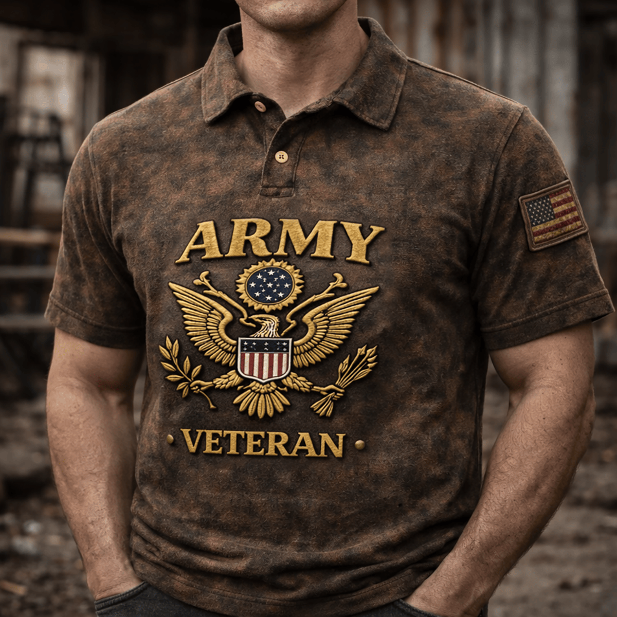 Veteran Printed Polo Shirt Patriotic USA Flag Design Gift for Father Day Military Dad Vintage Style Polo
