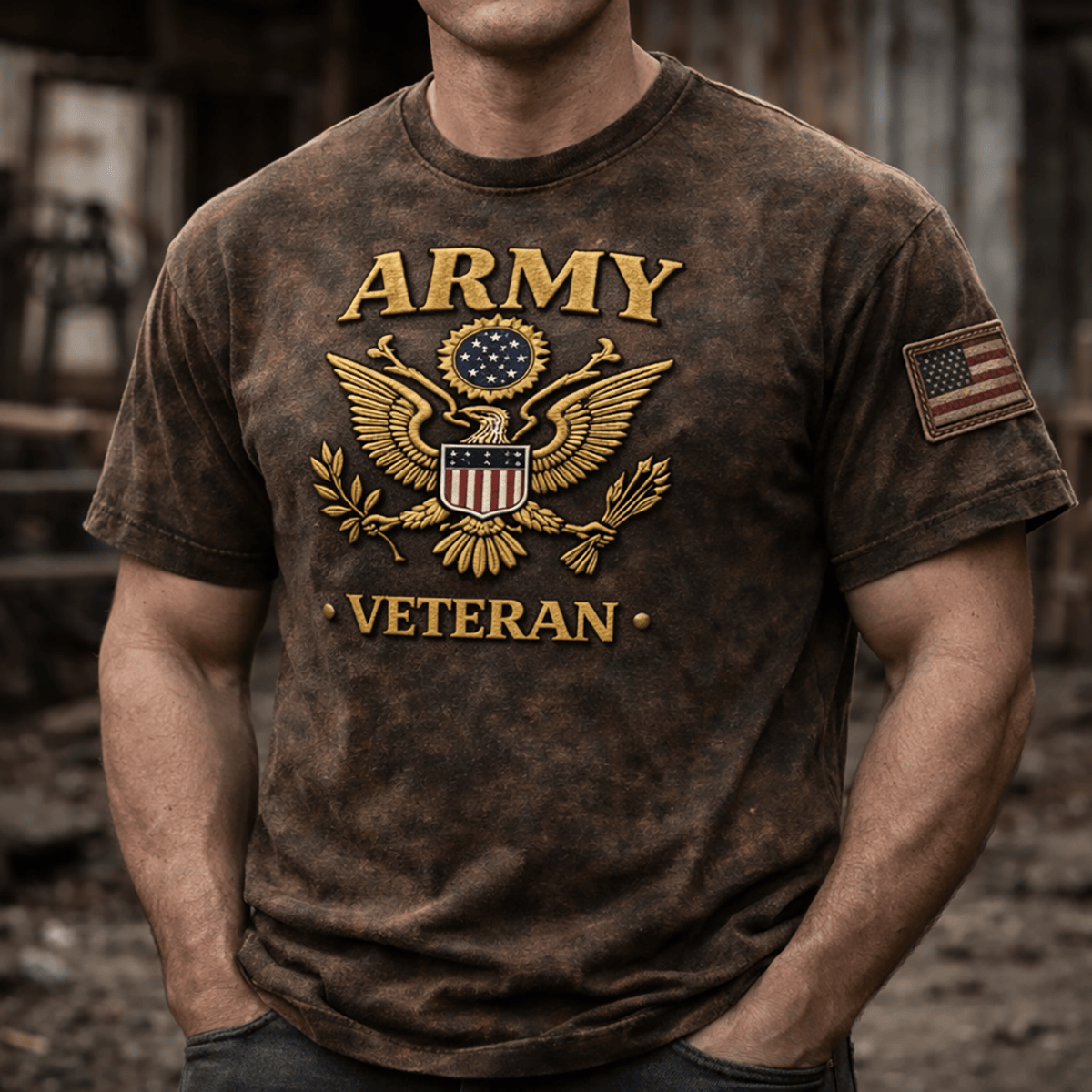 Veteran Printed T Shirt Patriotic USA Flag Design Gift for Father Day Military Dad Vintage Style Tee