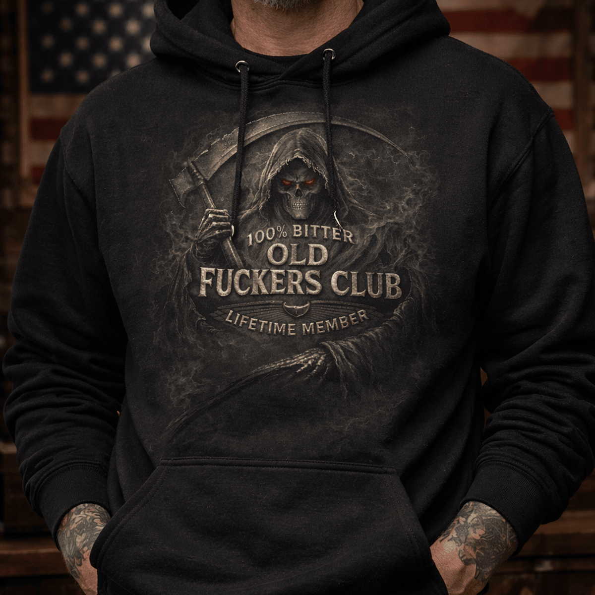 Old Fuckers Club Grim Reaper Hoodie Printed Skull Scythe Dark Graphic Gift for Dad Father's Day Cool Biker Style Hoodie
