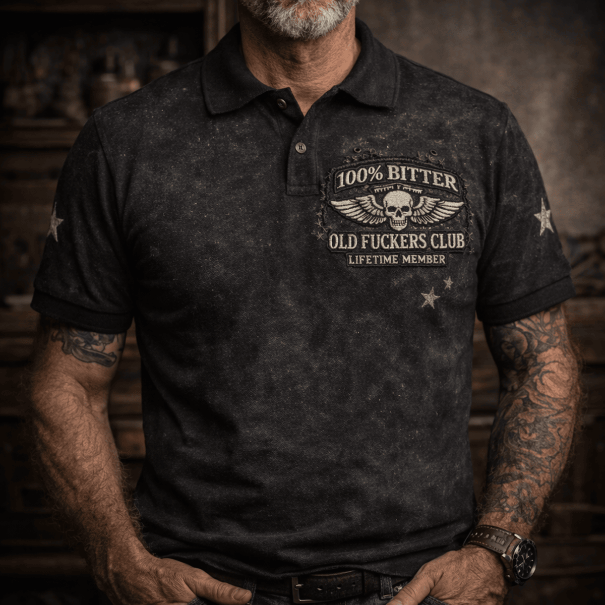 Old Fuckers Club Polo Shirt Printed Skull Wing Star Design Gift for Dad Father's Day Casual Biker Style Polo for Men