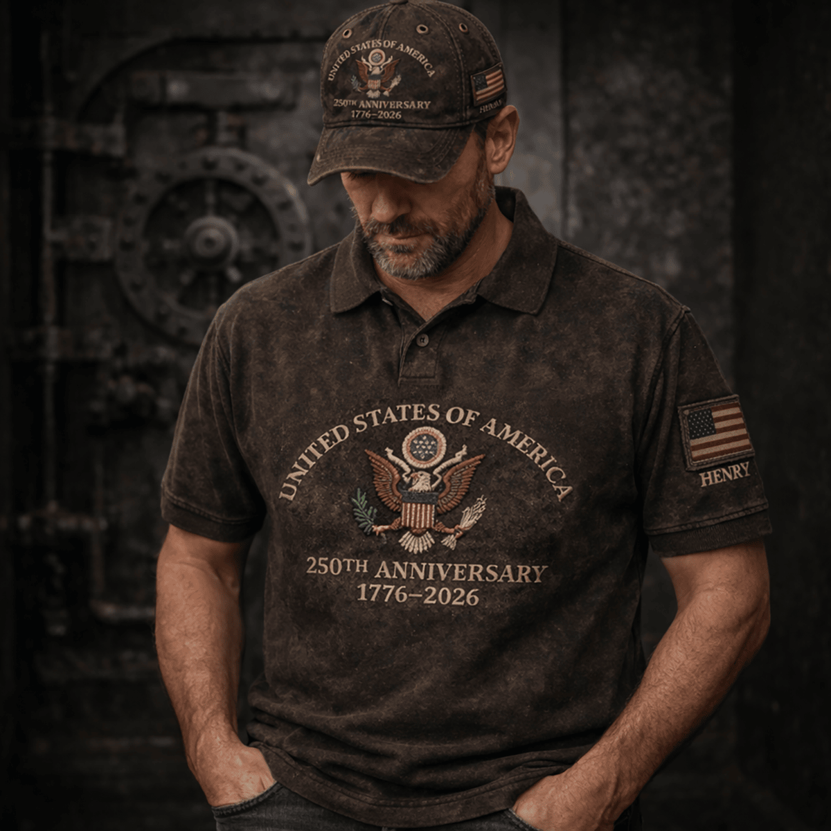Custom Name United States Of America 250th Anniversary 1776 2026 Polo Shirt Printed Father Day Gift Patriotic Eagle Seal