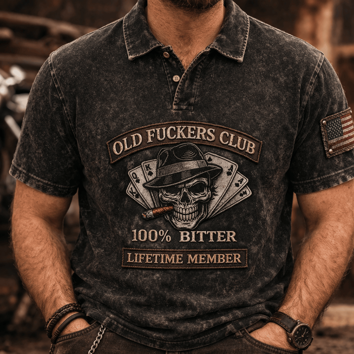 Old Fuckers Club Bitter Lifetime Member Printed Polo Shirt Skull Poker Vintage Biker Funny Gift For Dad USA Flag Design