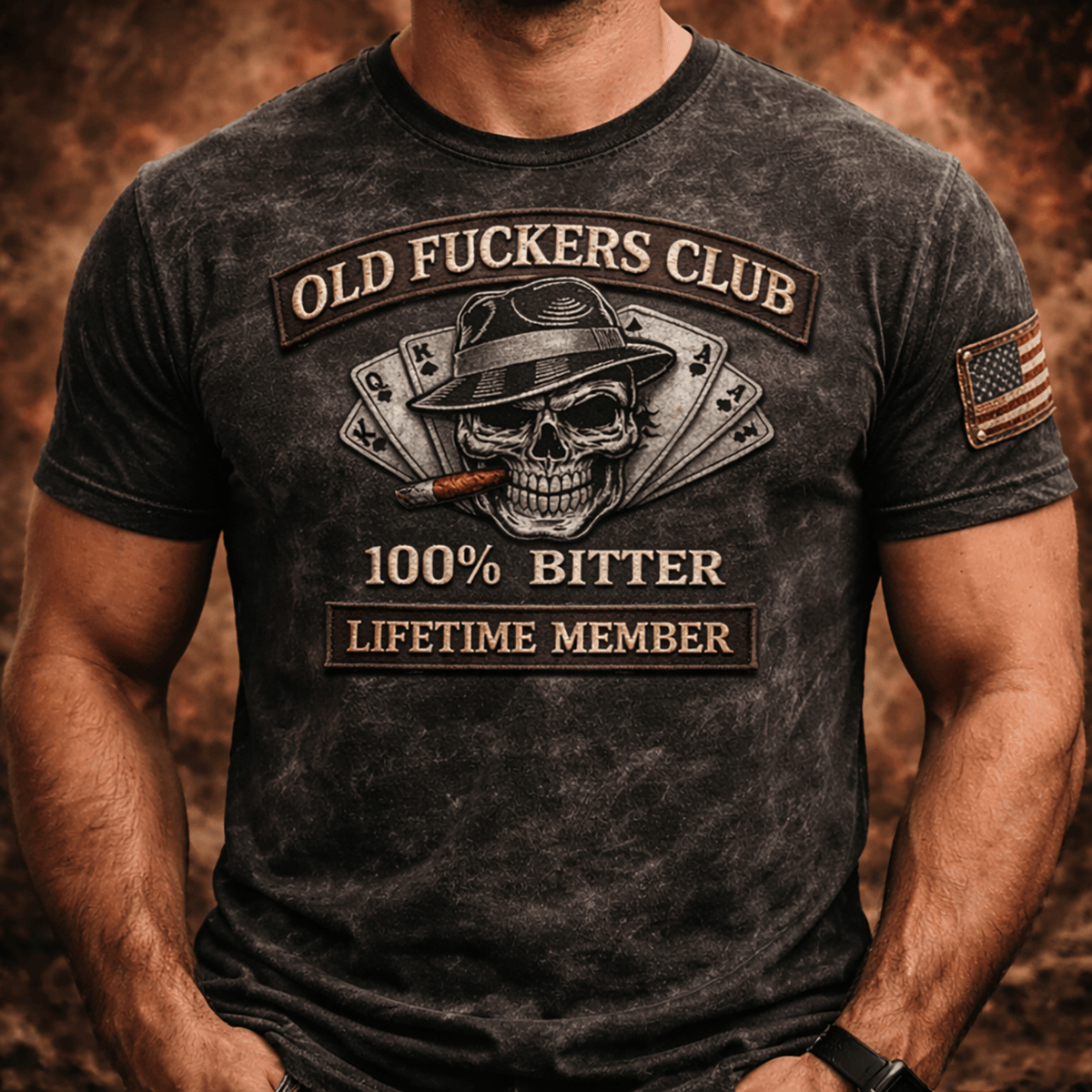 Old Fuckers Club Bitter Lifetime Member Printed T Shirt Skull Poker Biker Vintage Funny Father Day Gift USA Flag Design