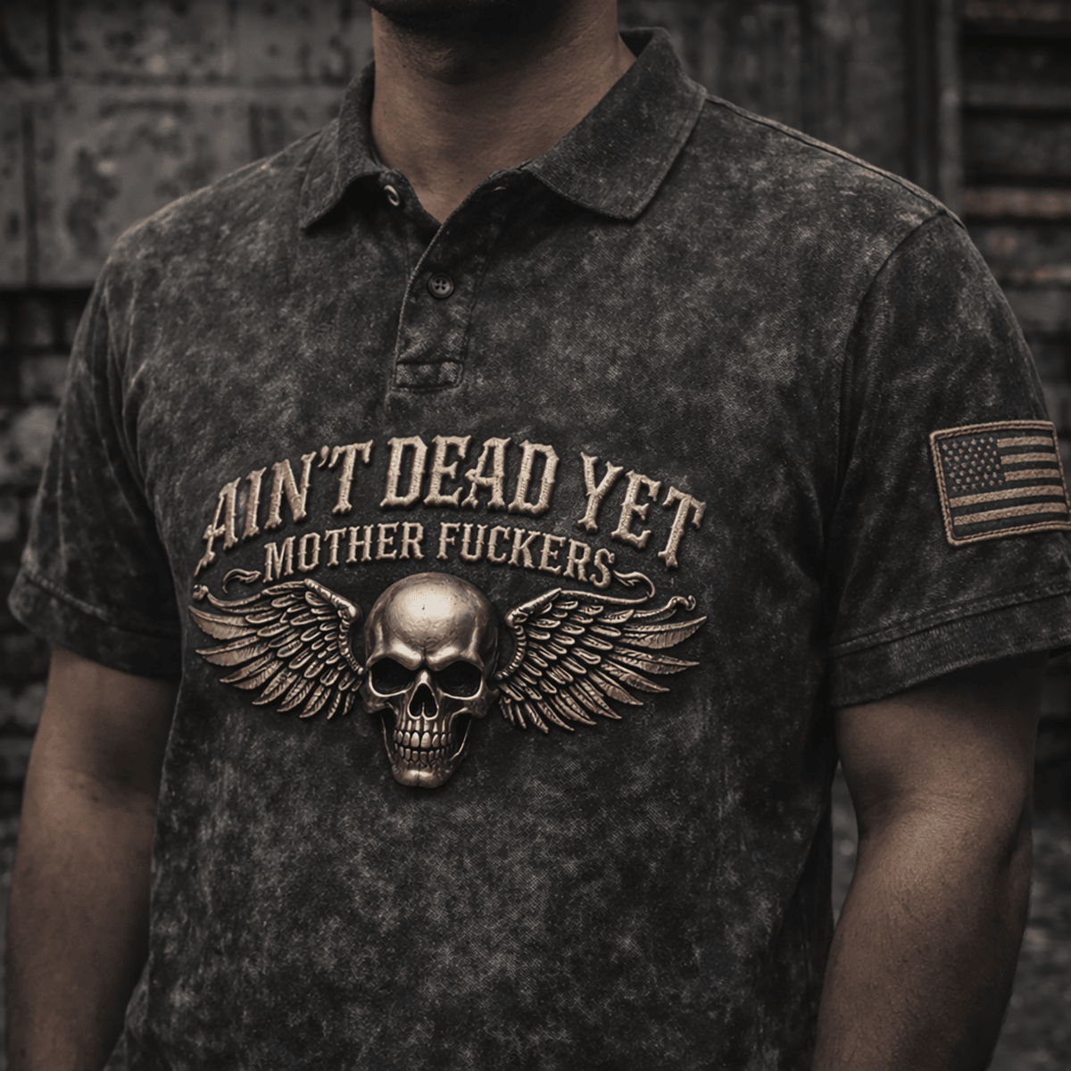 Ain’t Dead Yet Mother Fuckers Skull Wings USA Flag Printed Polo Shirt Skull With Wings Flag Graphic Design Father Day Gift Apparel