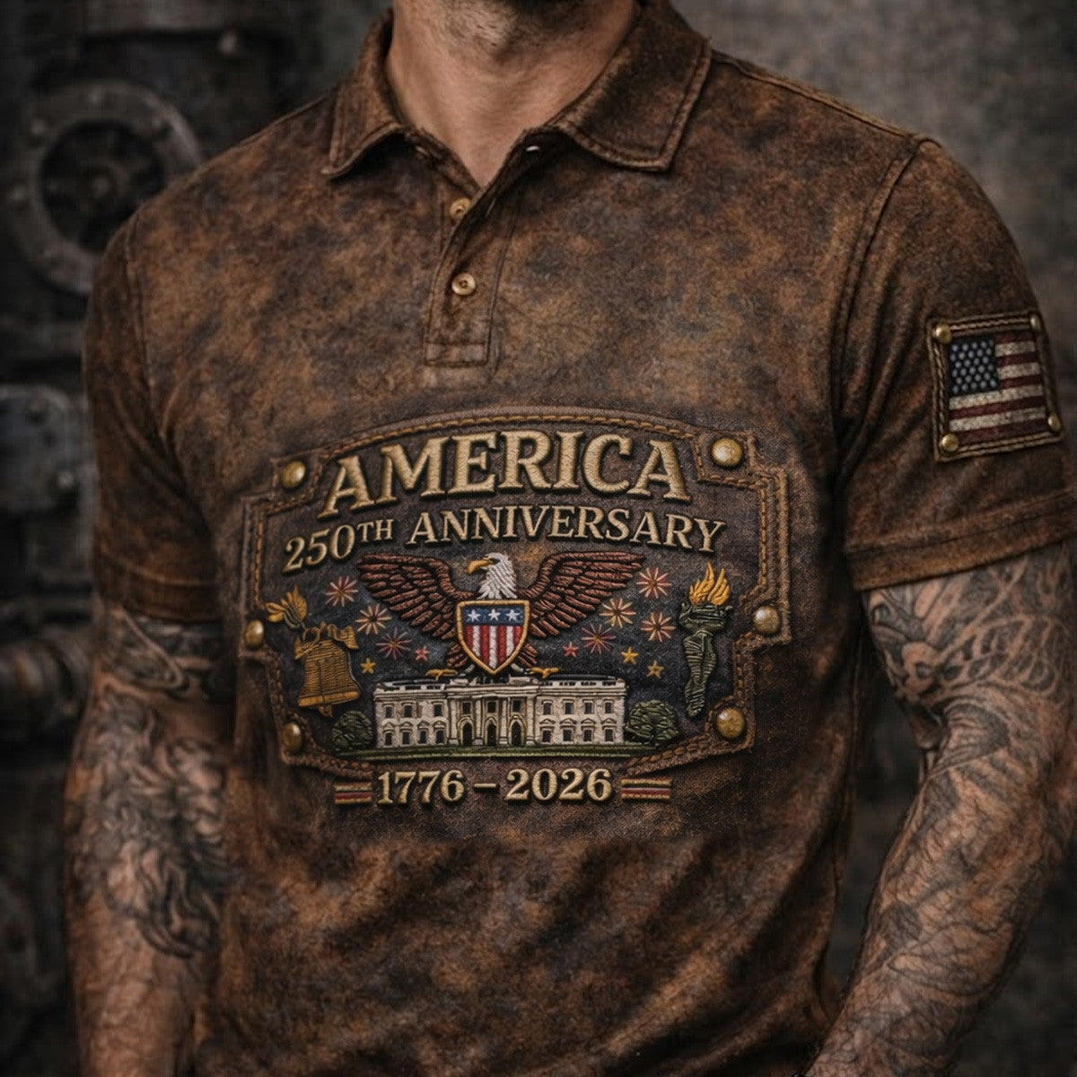 America 250th Anniversary 1776–2026 Eagle White House USA Flag Printed Polo Shirt Patriotic Graphic Father Day Gift