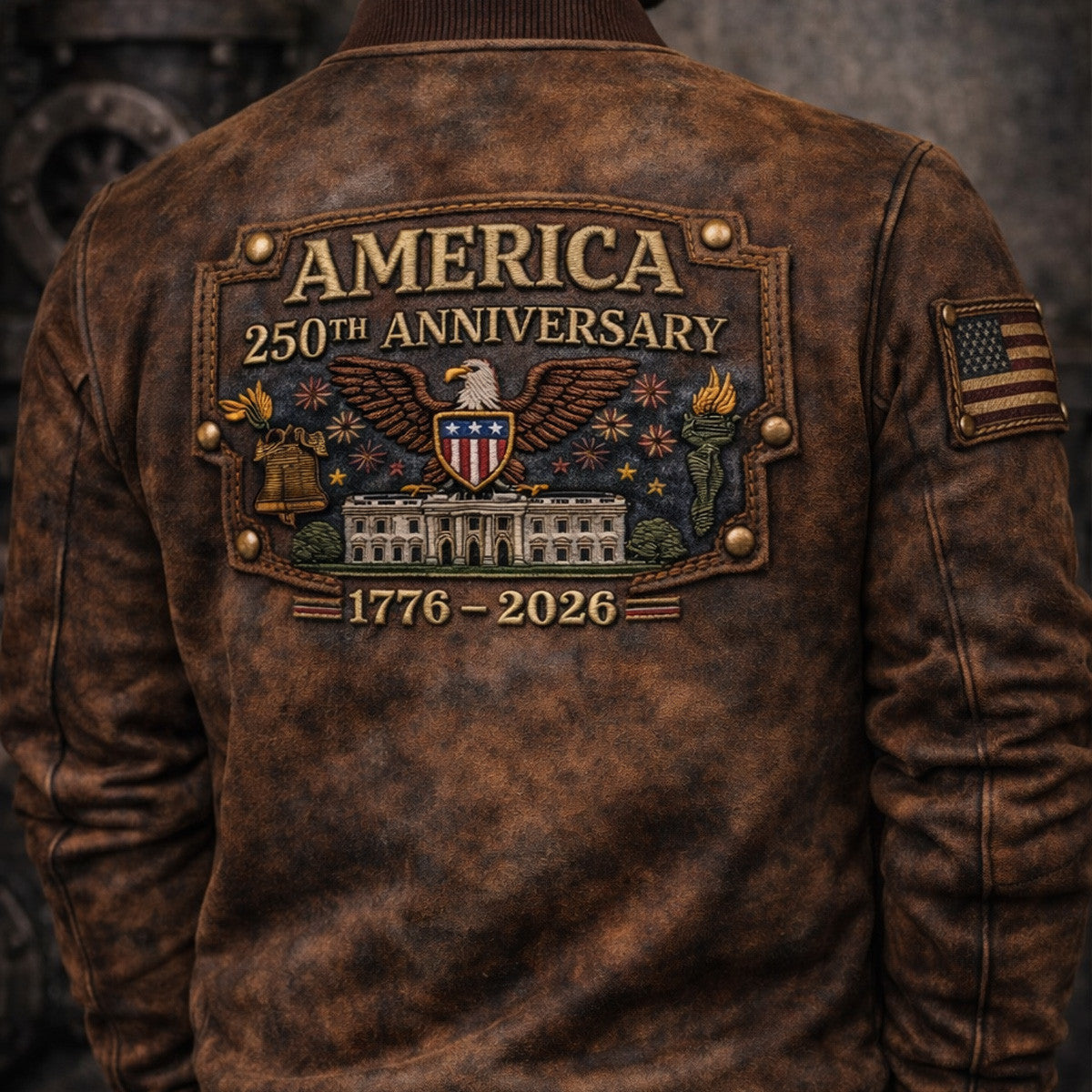 America 250th Anniversary 1776–2026 Eagle White House USA Flag Printed Bomber Jacket Patriotic Graphic Father Day Gift