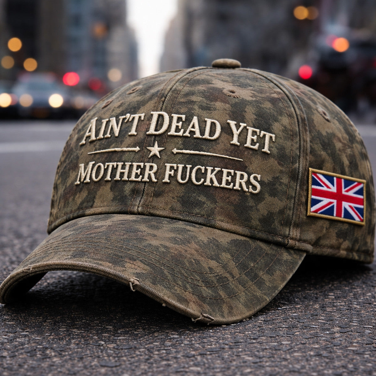 Ain’t Dead Yet Mother Fuckers Printed Cap UK Flag Union Jack Vintage Washed Camo Hat Funny Biker Style Gift For Dad Father Day Patriotic Cap