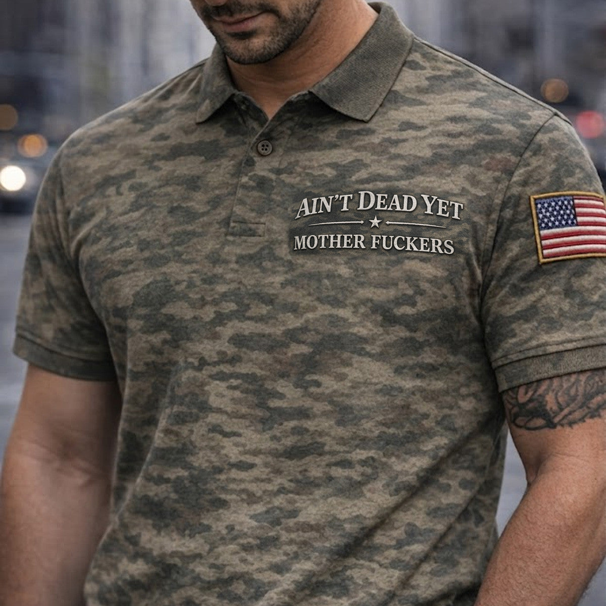Ain’t Dead Yet Mother Fuckers Printed Polo Shirt Vintage Camo Funny Gift For Dad Who Still Got It Father Day Polo For Men