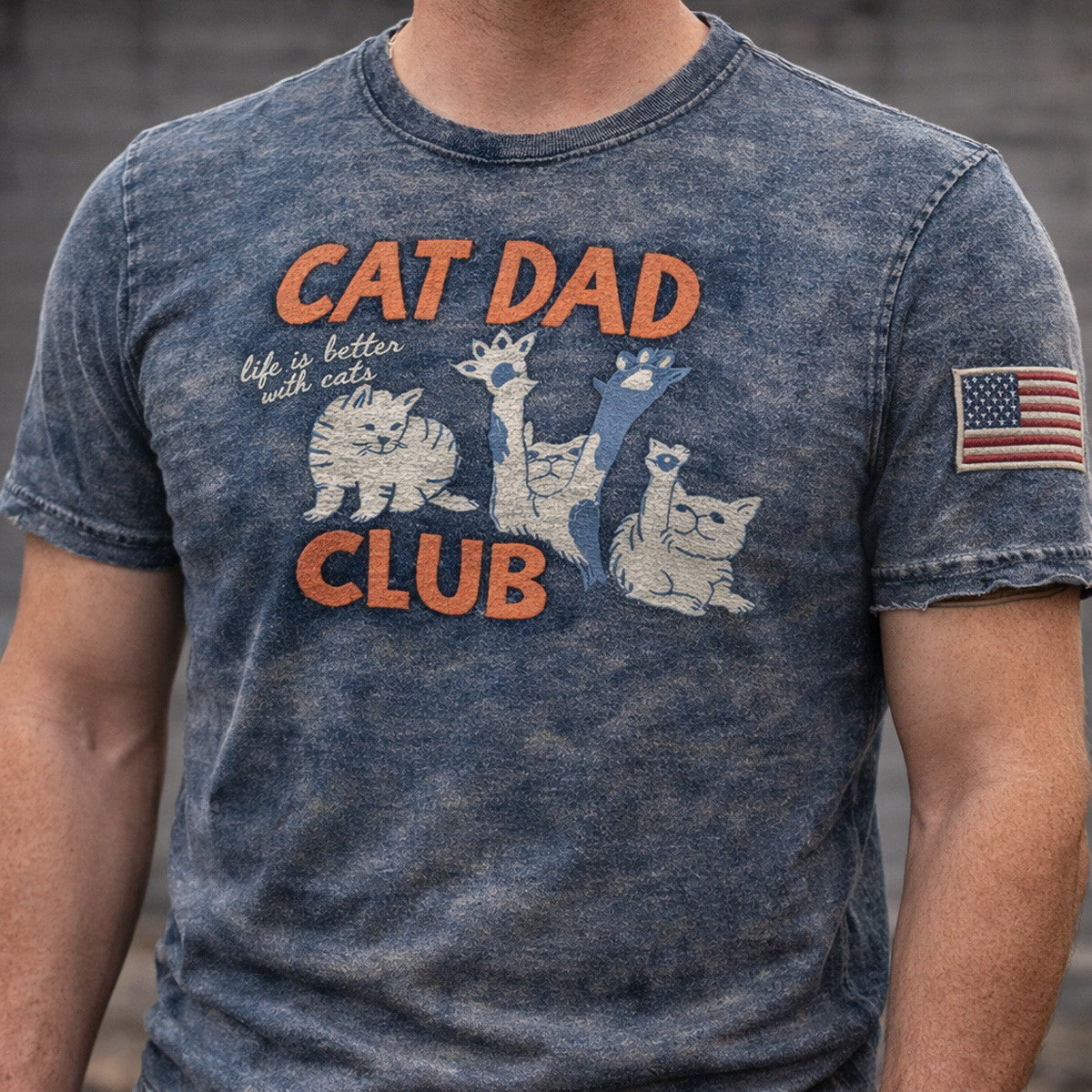 Cat Dad Club Life Is Better With Cats Printed T-Shirt American Flag Cat Graphic Father Day Gift Shirt For Cat Dad Cat Lover