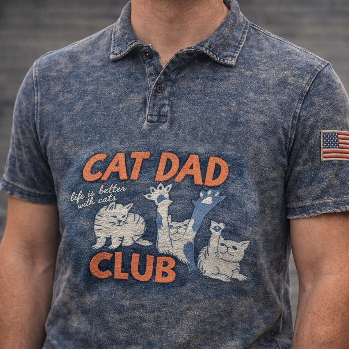 Cat Dad Club Life Is Better With Cats Printed Polo Shirt American Flag Cat Graphic Father Day Gift Polo For Cat Dad Cat Lover
