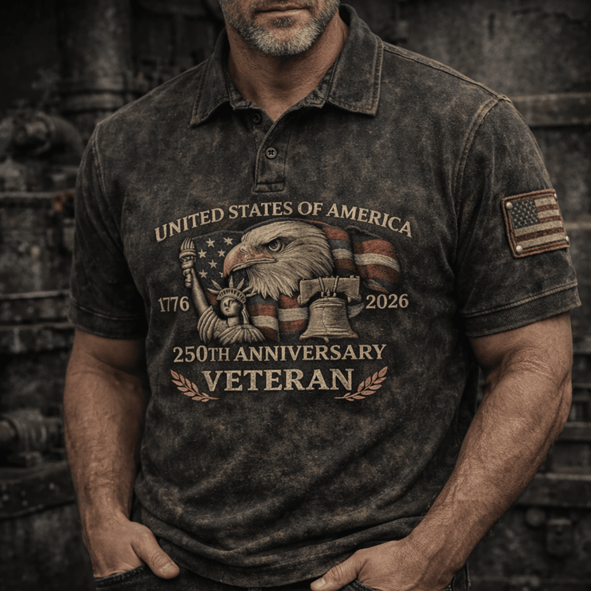 United States of America Eagle Statue of Liberty & Liberty Bell Printed Polo Shirt, 250th Anniversary 1776-2026 Veteran Design, Father’s Day Gift