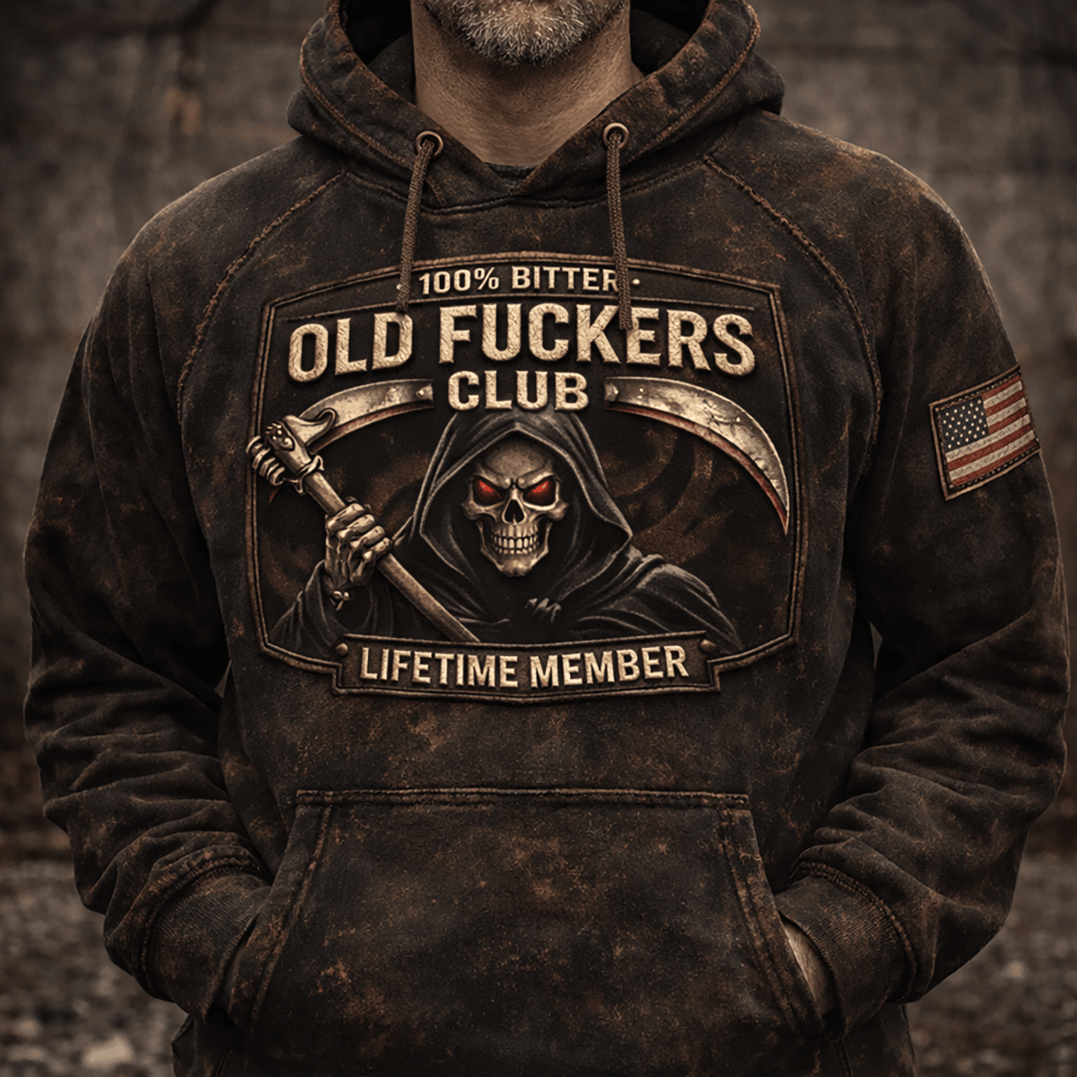Old Fuckers Club Skull Grim Reaper Printed Hoodie, Biker Style Vintage USA Flag Apparel, Father’s Day Gift for Dad