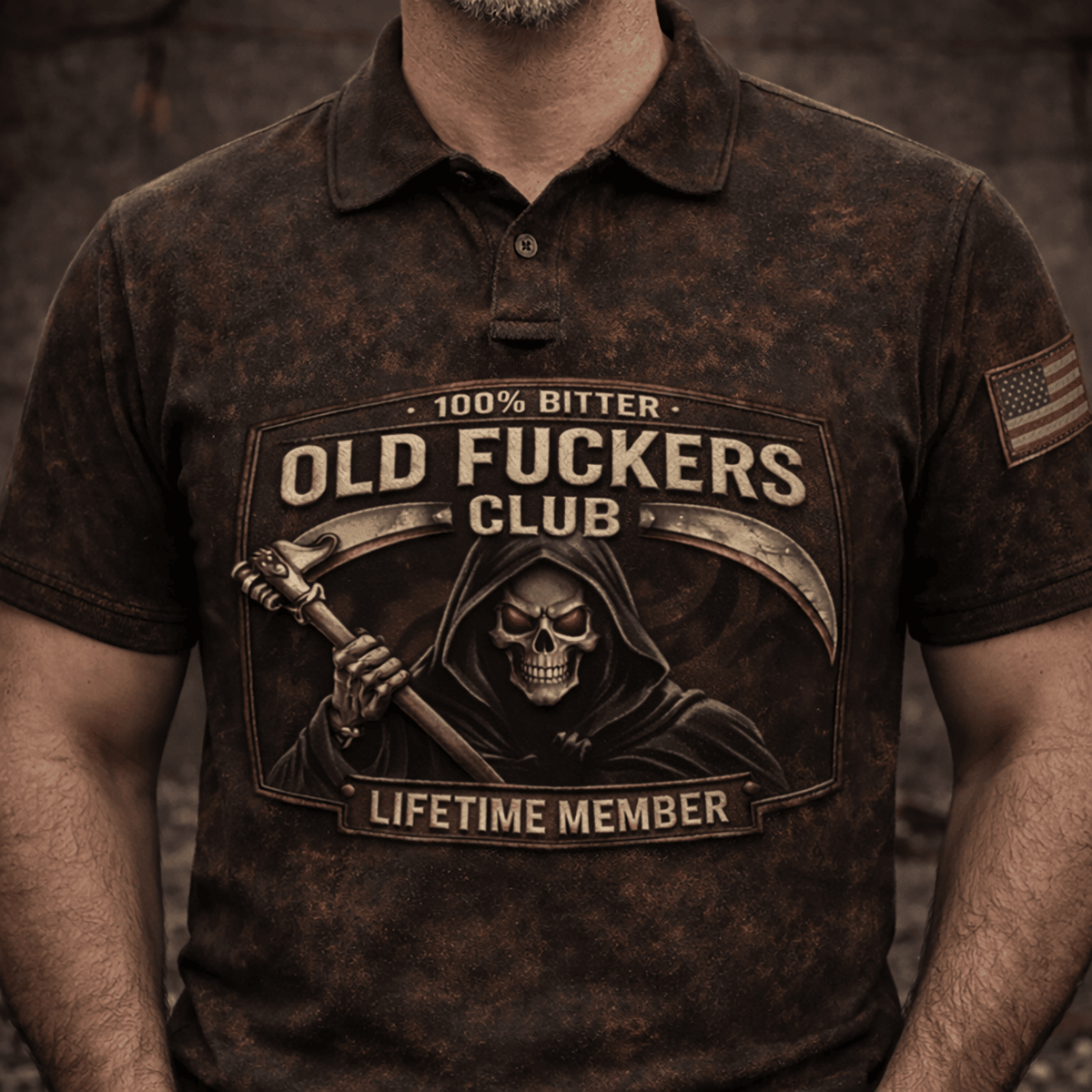 Old Fuckers Club Skull Grim Reaper Printed Polo Shirt, Biker Style Vintage USA Flag Design, Father’s Day Gift for Dad