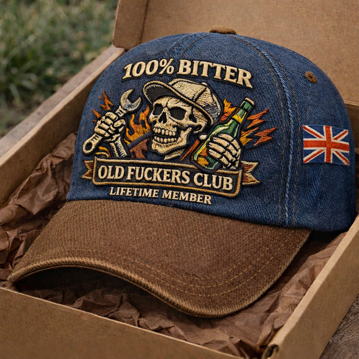 Old Fuckers Club Printed Cap, Funny Skull Mechanic Hat, Vintage UK Flag Design, Lifetime Member Gift for Dad
