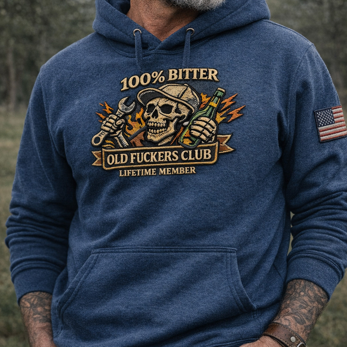 Old Fuckers Club Printed Hoodie, Funny Skull Mechanic with USA Flag Design, Vintage Blue Collar Style, Gift for Dad