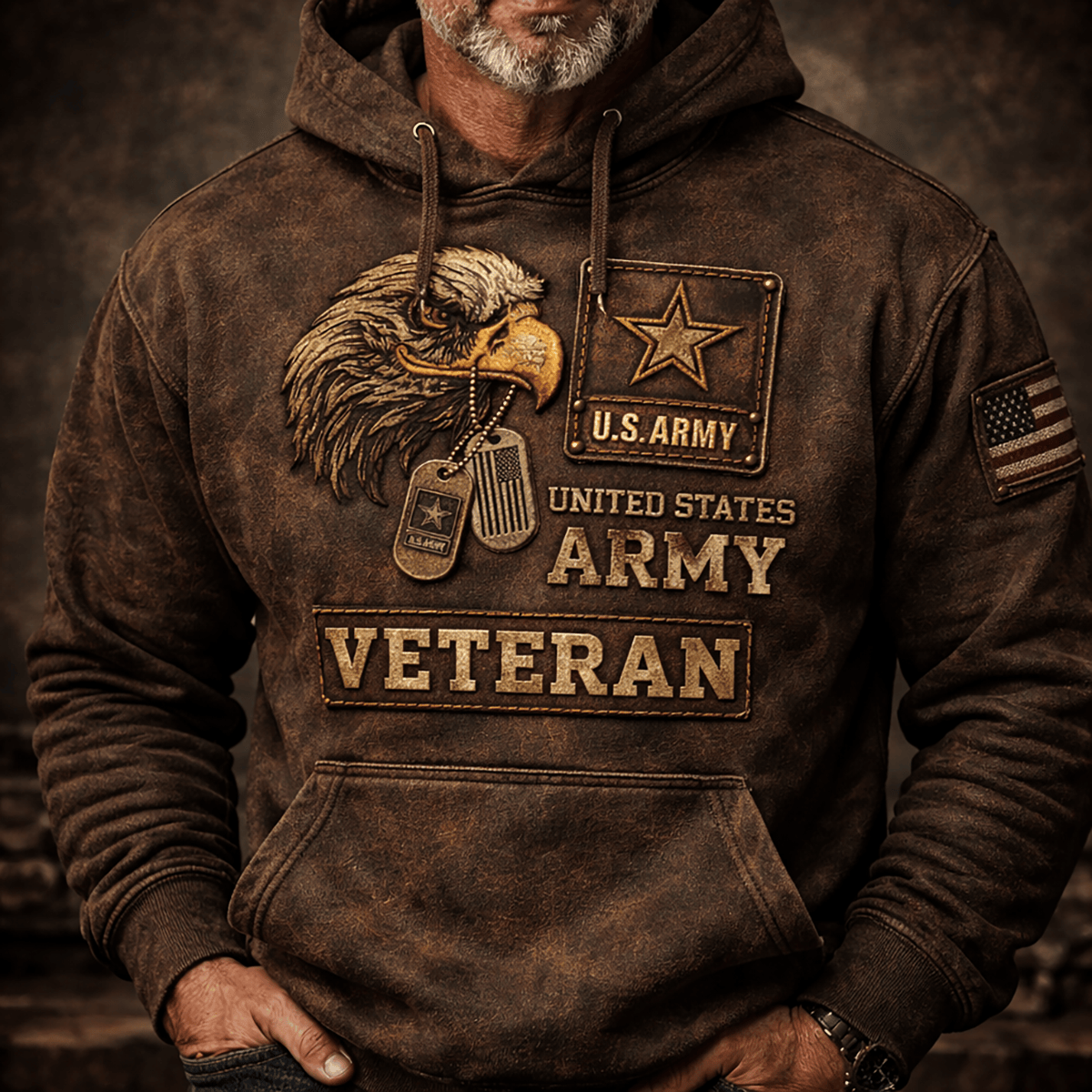 United States Veteran Hoodie Printed Bald Eagle Head with Dog Tag and USA Flag Graphic Father Day Gift for Dad Military Style