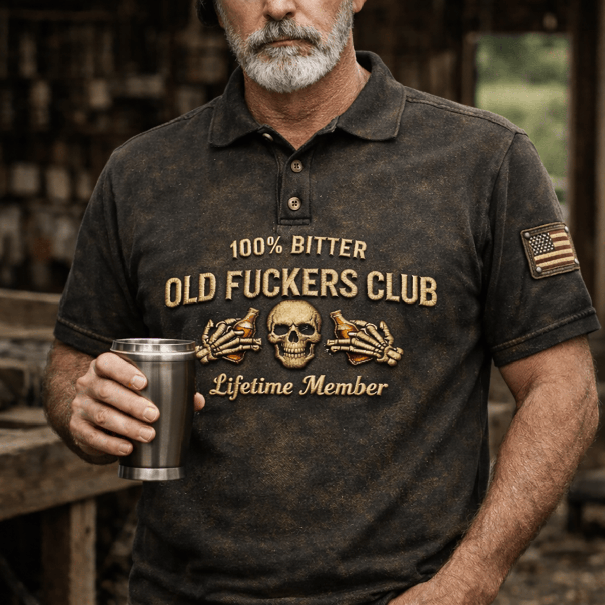 Bitter Old Fuckers Club Polo Shirt Printed Skull with Holding Whiskey Bottle Graphic Lifetime Member Father Day Gift for Dad