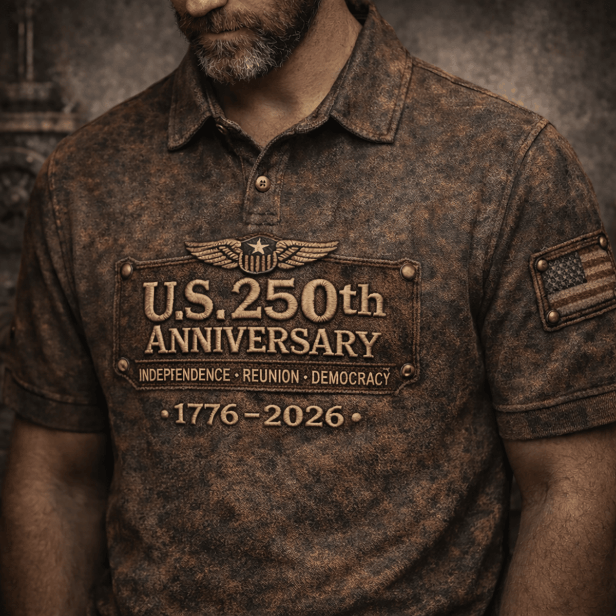 US 250th Anniversary 1776-2026 Polo Shirt Printed USA Flag with Wing Badge Graphic Independence Reunion Democracy Father Day Gift for Dad