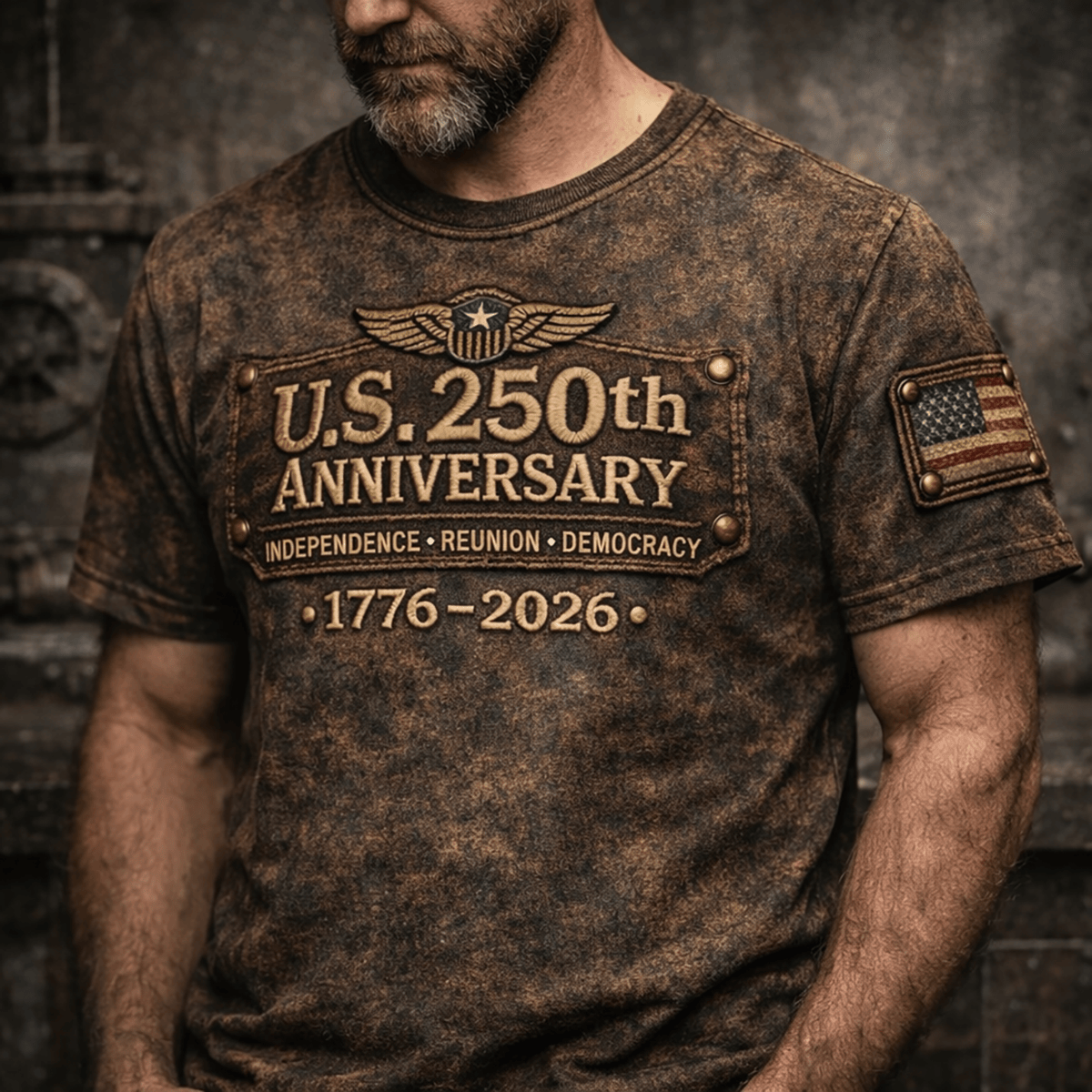 US 250th Anniversary 1776-2026 T Shirt Printed USA Flag with Wing Badge Graphic Independence Reunion Democracy Gift Father Day