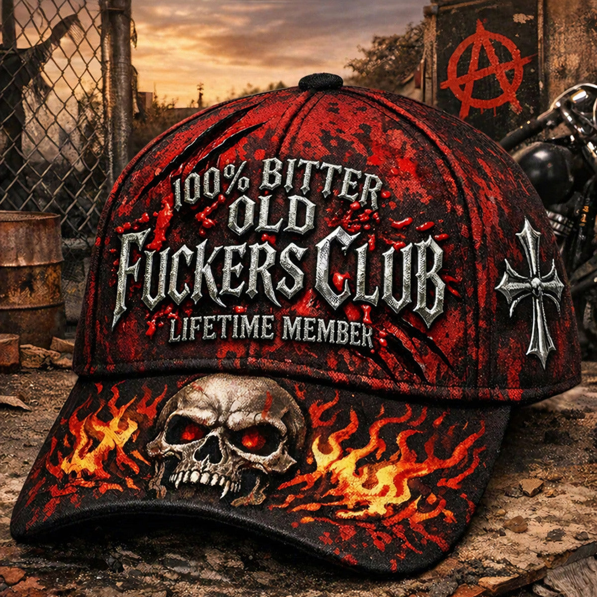 Bitter Old Fuckers Club Cap Printed Flaming Skull Blood Splatter Cross Design Lifetime Member Father Day Gift for Dad