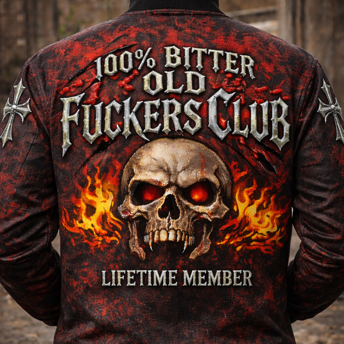 Bitter Old Fuckers Club Bomber Jacket Printed Large Flaming Skull Blood Splatter Back Design Lifetime Member Father Day Gift for Dad
