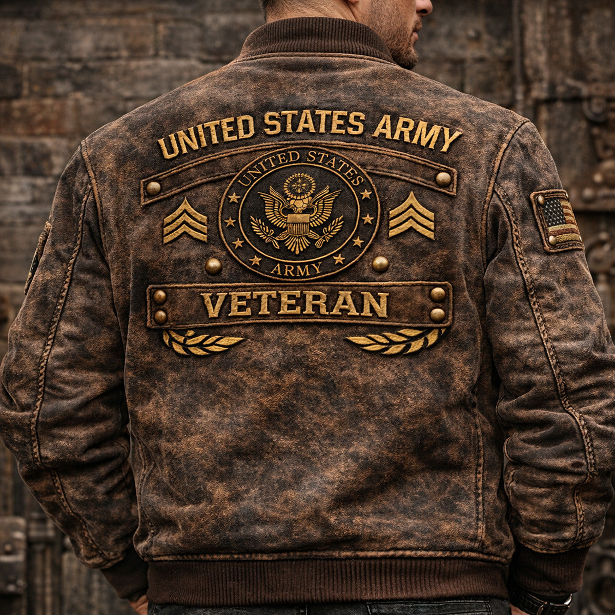United States Veteran Bomber Jacket Printed Military Patch Design with US Flag Personalized Gift for Dad Veteran Father Day