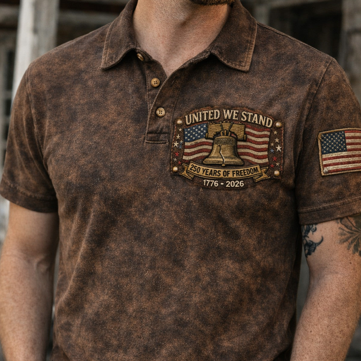 United We Stand Polo Shirt Printed 250 Years of Freedom 1776–2026 Liberty Bell US Flag Patriotic Design Gift Father's Day