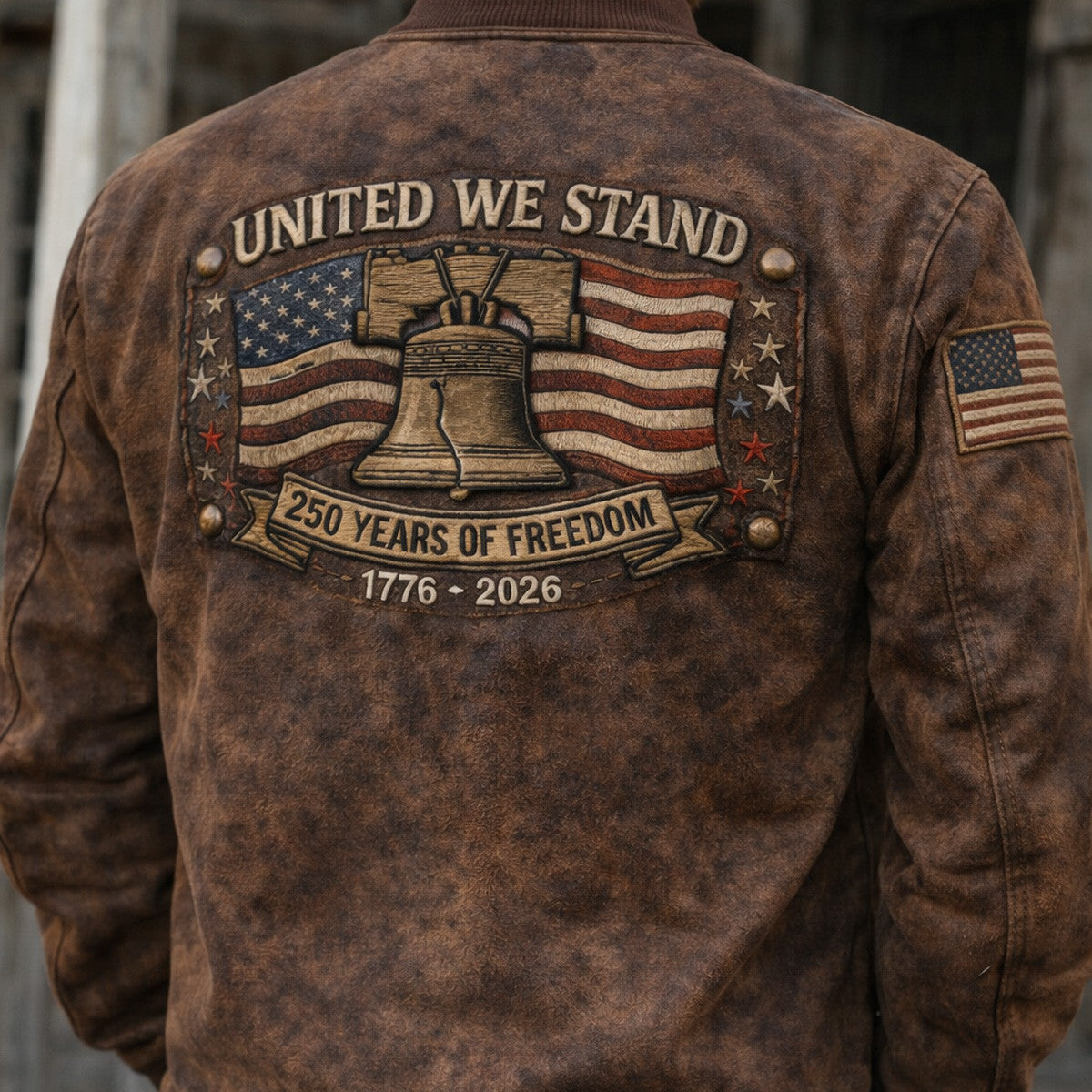 United We Stand Bomber Jacket Printed 250 Years of Freedom 1776–2026 Liberty Bell US Flag Patriotic Design Gift for Dad