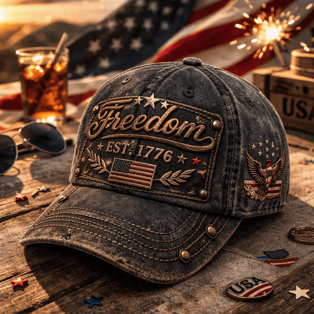 Freedom Est 1776 Eagle USA Flag Printed Vintage Cap Patriotic Stars Hat Father Day Gift for Dad American Freedom Style Hat