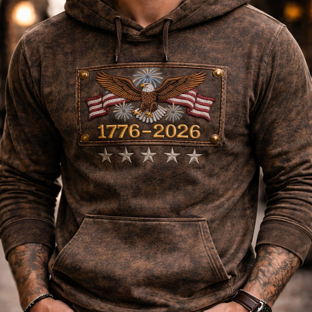 1776 2026 Eagle Fireworks Flag Printed Hoodie Patriotic USA Independence Design Father Day Gift for Dad American Freedom Style