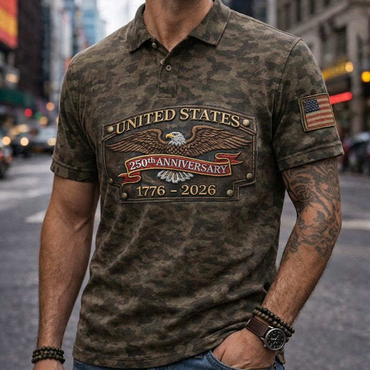 United States 250th Anniversary 1776 2026 Eagle Printed Camo Polo Shirt Patriotic USA Independence Father Day Gift for Dad
