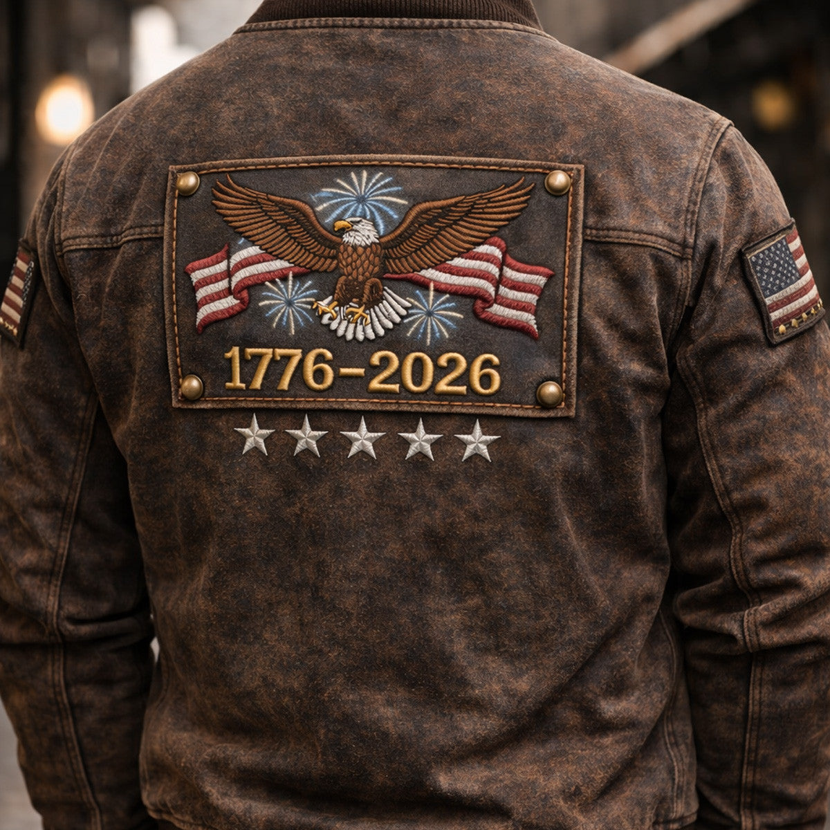 1776 2026 Eagle Fireworks Flag Printed Bomber Jacket Patriotic USA Independence Father Day Gift for Dad American Style