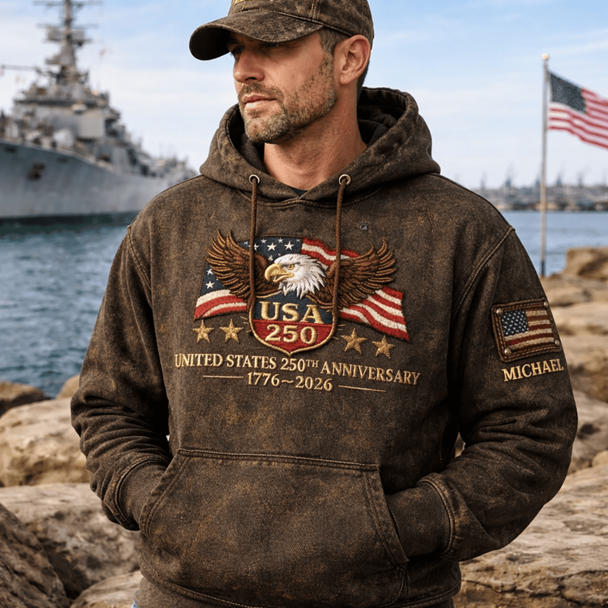 Printed Hoodie USA 250th Anniversary 1776 2026 American Flag Eagle Patriotic Hoodie For Men Fourth Of July Gift For Dad