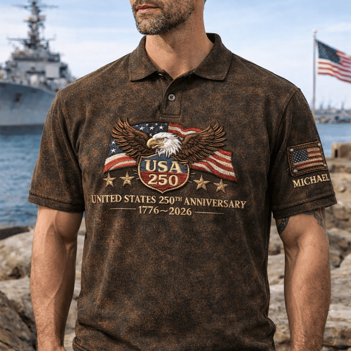 Printed Polo Shirt USA 250th Anniversary 1776 2026 American Flag Eagle Patriotic Shirt For Men Fourth Of July Outfit