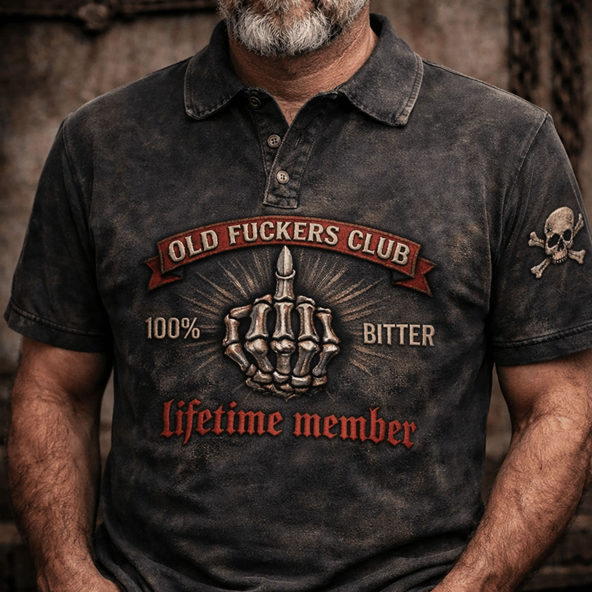 Printed Polo Shirt Old Fuckers Club Funny Middle Finger Skull Biker Shirt For Men Rude Humor Polo Old Man Gift Idea