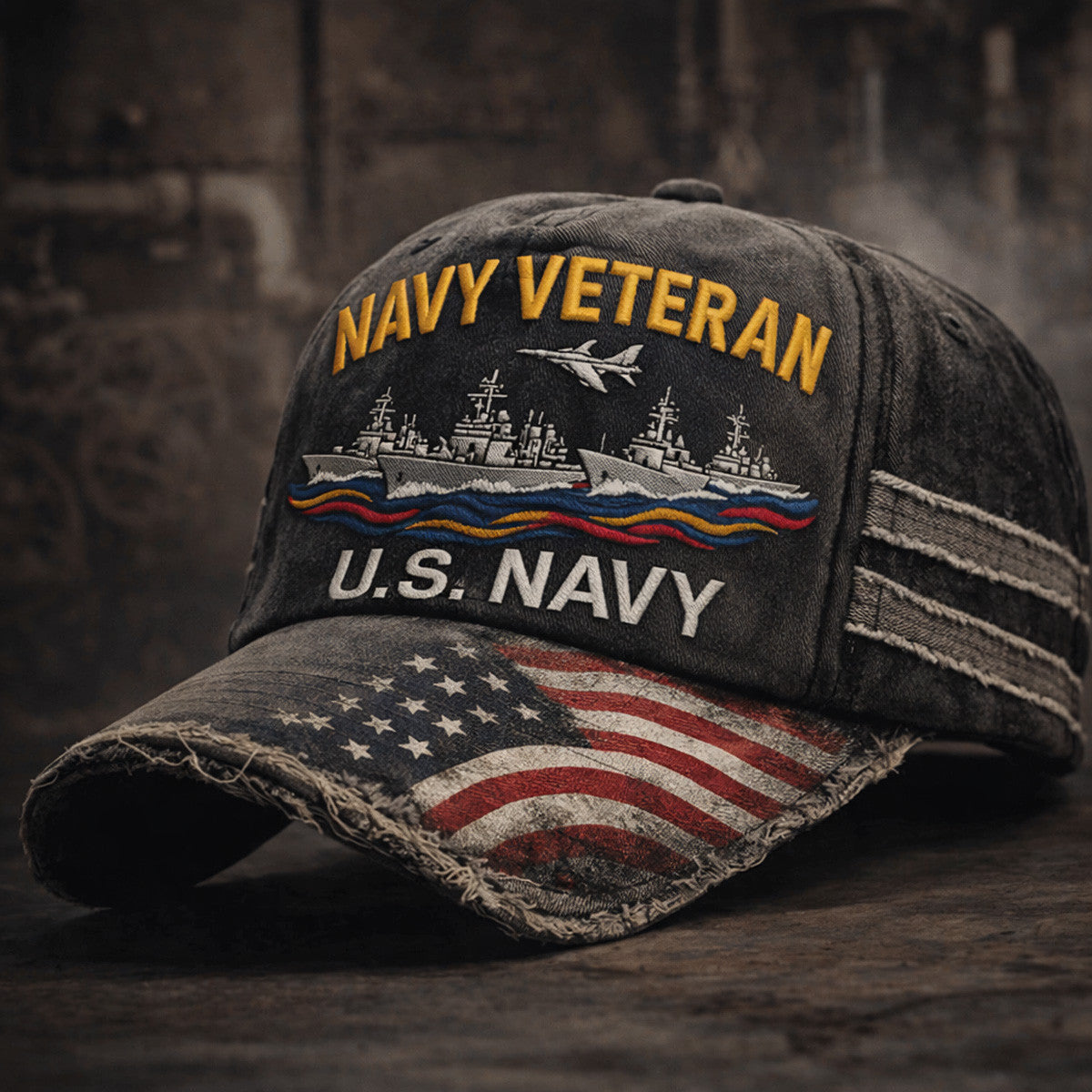 Navy Veteran Printed Hat US Navy Cap Warship Jet Aircraft American Flag Design Gift For Father Day Gift Military Dad Cap