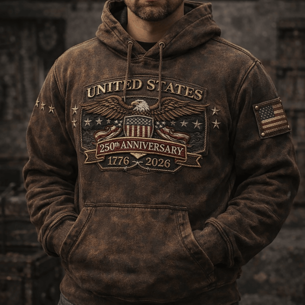 United States 250th Anniversary 1776 2026 Printed Hoodie Eagle USA Flag Vintage Style Patriotic Gift for Father Day America Pride