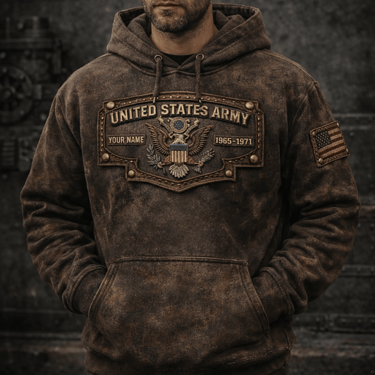 Custom Name United States Veteran 1965 1971 Printed Hoodie USA Flag Eagle Vintage Style Patriotic Gift for Father Day Veteran Dad