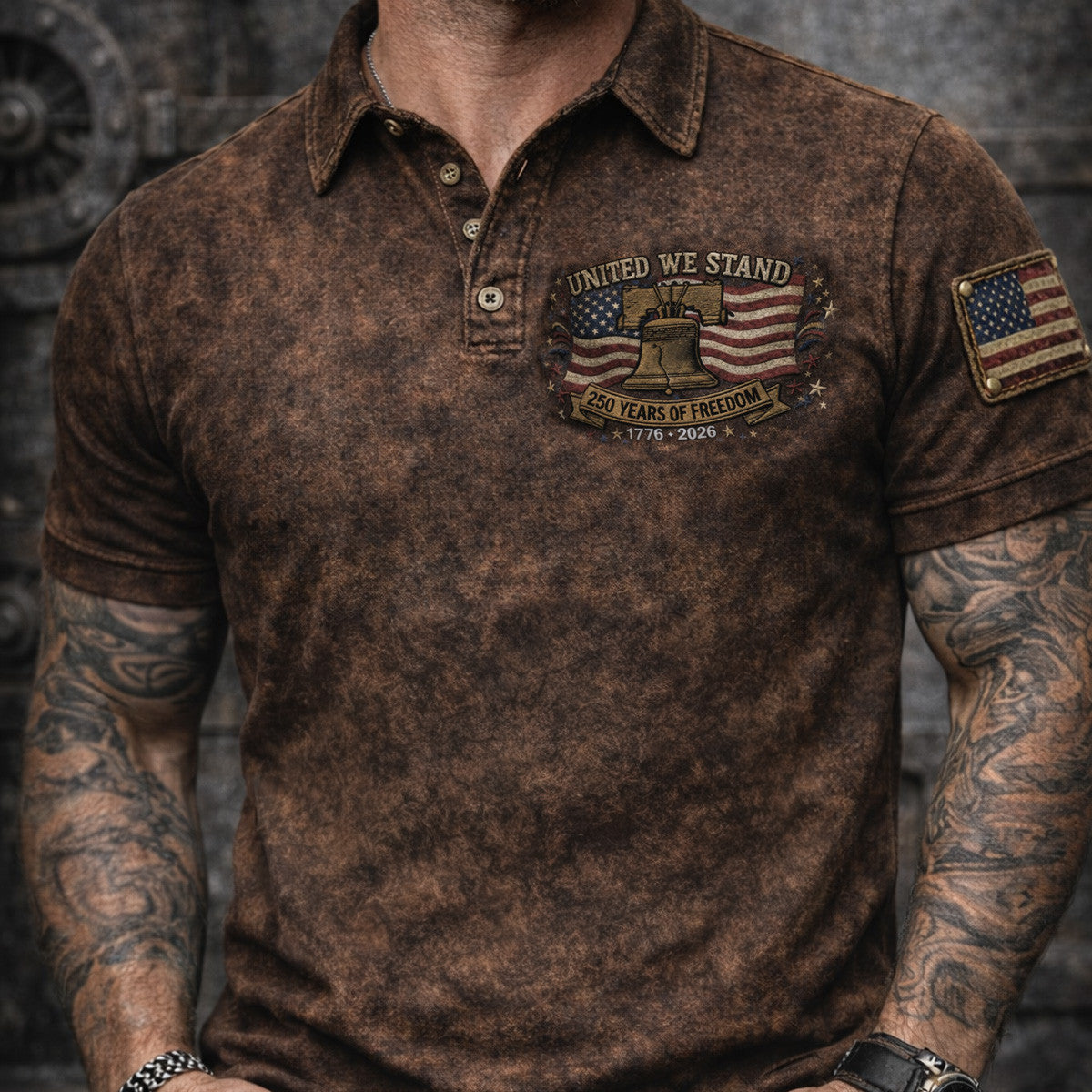 United We Stand 250 Years of Freedom 1776 2026 Printed Polo Shirt Liberty Bell USA Flag Vintage Style Patriotic Gift for Father Day