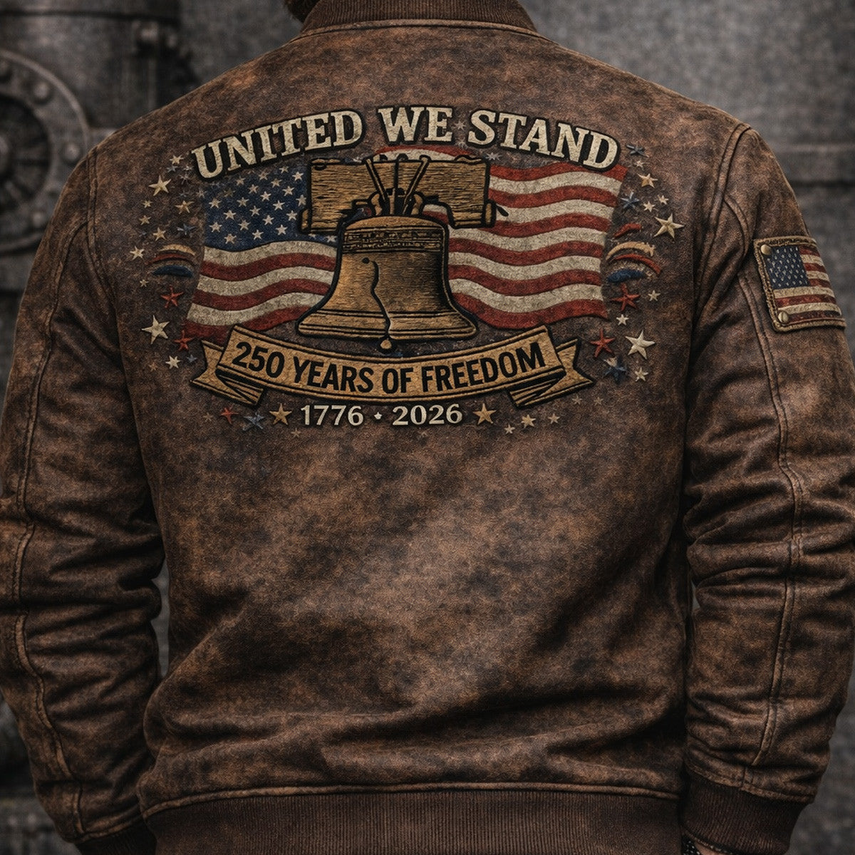 United We Stand 250 Years of Freedom 1776 2026 Printed Bomber Jacket Liberty Bell USA Flag Vintage Style Patriotic Gift for Father Day
